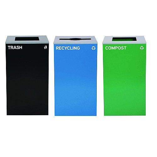 Alpine 29 Gallon Trash/Recycling Cans, Steel, Blue Recycling Can/Mixed Lid, Green Compost Can and Black Trash Can with Square Lids (4450BLKKIT18)