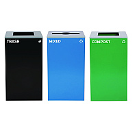 Alpine 29 Gallon Trash/Recycling Cans, Steel, Blue Mixed Recycling Can w/Mixed Lid, Green Compost and Black Trash Cans w/Square Lids (4450BLKKIT19)
