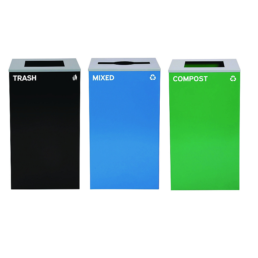 Alpine 29 Gallon Trash/Recycling Cans, Steel, Blue Mixed Recycling Can w/Mixed Lid, Green Compost and Black Trash Cans w/Square Lids (4450BLKKIT19)