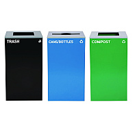 Alpine 29 Gallon Trash/Recycling Cans, Steel, Blue Cans/Bottles Recycling Can w/Mixed Lid, Green Compost and Black Trash w/Sq Lid (4450BLKKIT20)