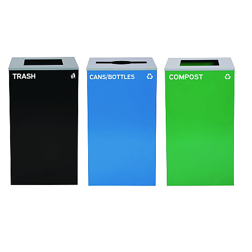 Alpine 29 Gallon Trash/Recycling Cans, Steel, Blue Cans/Bottles Recycling Can w/Mixed Lid, Green Compost and Black Trash w/Sq Lid (4450BLKKIT20)