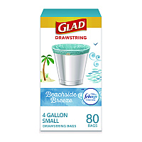 Glad Small Kitchen Drawstring Trash Bags, 4 gal, Beachside Breeze Scent, 0.5 mil, 18" x 17", Blue, 80/Box (79155)