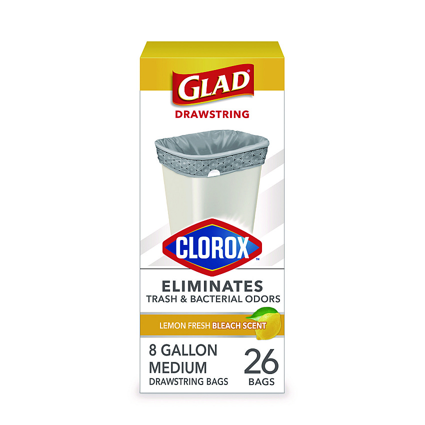 Glad Medium Drawstring Trash Bags with Clorox, 8 gal, Lemon Fresh Bleach Scent, 0.74 mil, 23" x 21.63", Gray, 26/Box (79316)