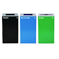 Alpine 29 Gallon Trash/Recycling Cans, Steel, Blue Recycling and Black Trash Cans w/Square Lid, Green Mixed Recycling Can Mixed Lid (4450BLKKIT22)