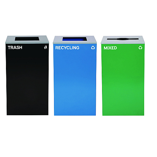 Alpine 29 Gallon Trash/Recycling Cans, Steel, Blue Recycling and Black Trash Cans w/Square Lid, Green Mixed Recycling Can Mixed Lid (4450BLKKIT22)