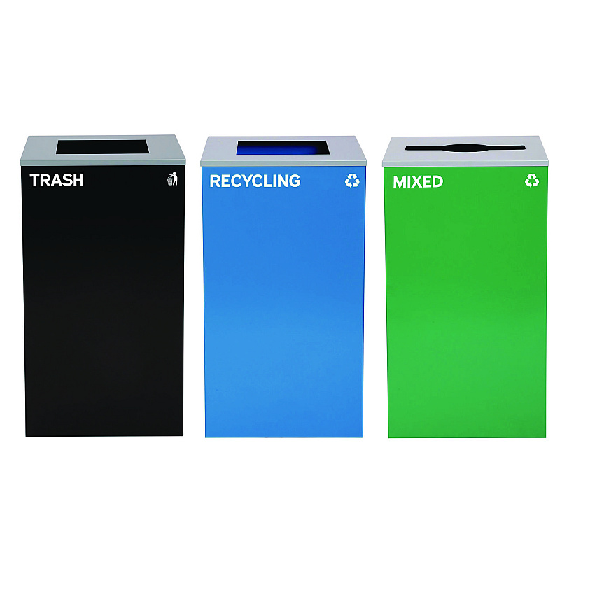 Alpine 29 Gallon Trash/Recycling Cans, Steel, Blue Recycling and Black Trash Cans w/Square Lid, Green Mixed Recycling Can Mixed Lid (4450BLKKIT22)
