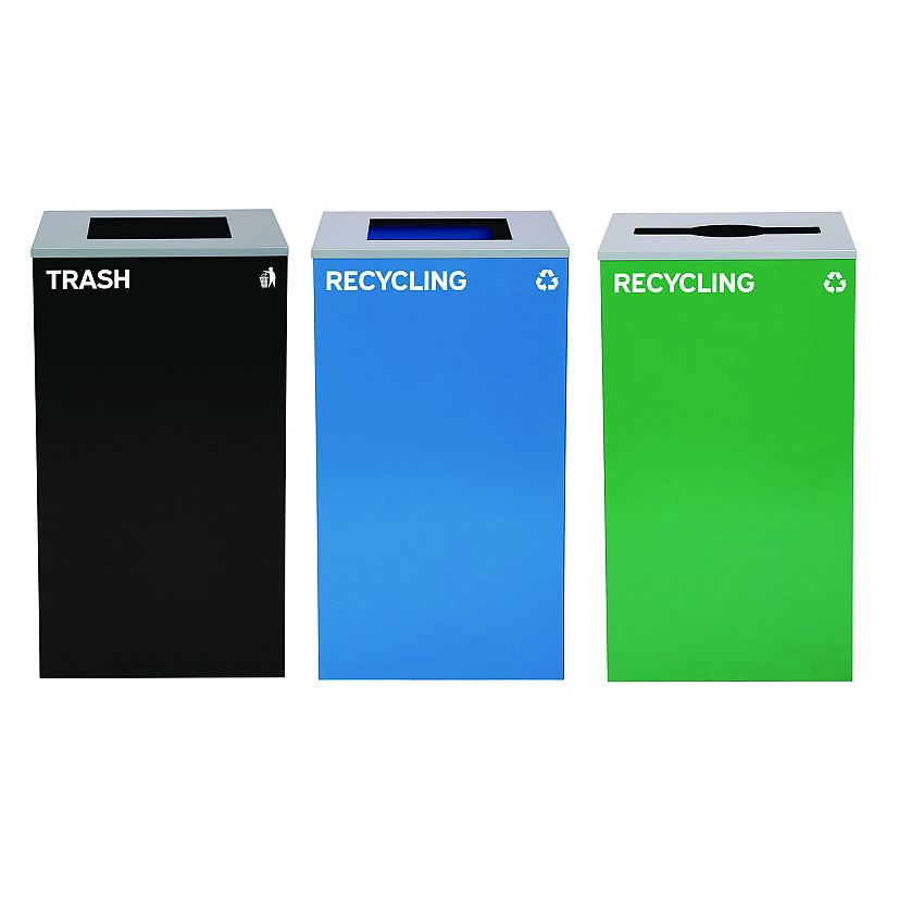 Alpine 29 Gallon Trash/Recycling Cans, Steel, Blue Recycling Can and Black Trash Can w/Sq Lid, Green Recycling Can with Mixed Lid (4450BLKKIT21)