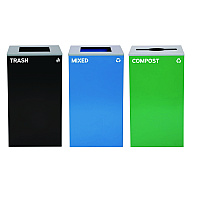 Alpine 29 Gallon Trash/Recycling Cans, Steel, Blue Mixed Recycling and Black Trash Cans w/Square Lids, Green Compost Can w/Mixed Lid (4450BLKKIT24)