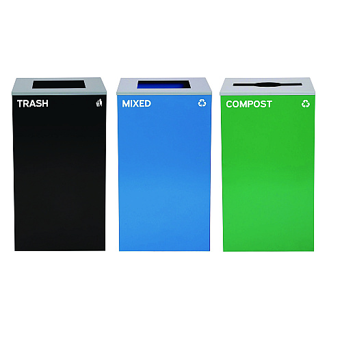 Alpine 29 Gallon Trash/Recycling Cans, Steel, Blue Mixed Recycling and Black Trash Cans w/Square Lids, Green Compost Can w/Mixed Lid (4450BLKKIT24)