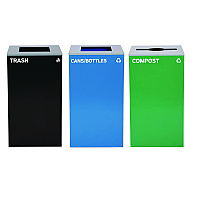 Alpine 29 Gallon Trash/Recycling Cans, Steel, Blue Cans/Bottles Recycling and Black Trash Can w/Sq Lid, Green Compost Can Mixed Lid (4450BLKKIT25)
