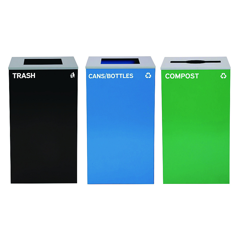 Alpine 29 Gallon Trash/Recycling Cans, Steel, Blue Cans/Bottles Recycling and Black Trash Can w/Sq Lid, Green Compost Can Mixed Lid (4450BLKKIT25)