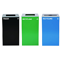 Alpine 29 Gallon Trash/Recycling Cans, Steel, Blue Recycling Can w/Mixed Lid, Green Recycling Can and Black Trash Can with Sq Lid (4450BLKKIT26)