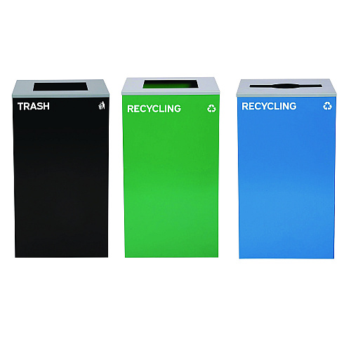 Alpine 29 Gallon Trash/Recycling Cans, Steel, Blue Recycling Can w/Mixed Lid, Green Recycling Can and Black Trash Can with Sq Lid (4450BLKKIT26)