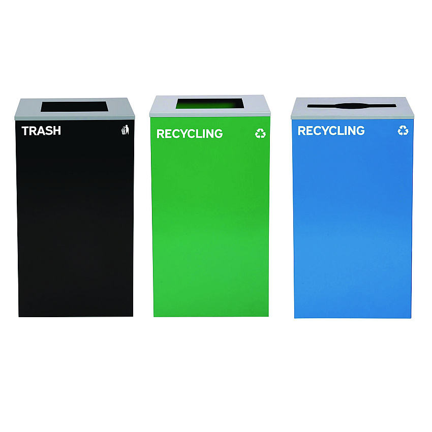 Alpine 29 Gallon Trash/Recycling Cans, Steel, Blue Recycling Can w/Mixed Lid, Green Recycling Can and Black Trash Can with Sq Lid (4450BLKKIT26)