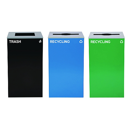 Alpine 29 Gallon Trash/Recycling Cans, Steel, Blue Recycling Can and Green Recycling Can w/Mixed Lids, Black Trash Can w/Square Lid (4450BLKKIT30)