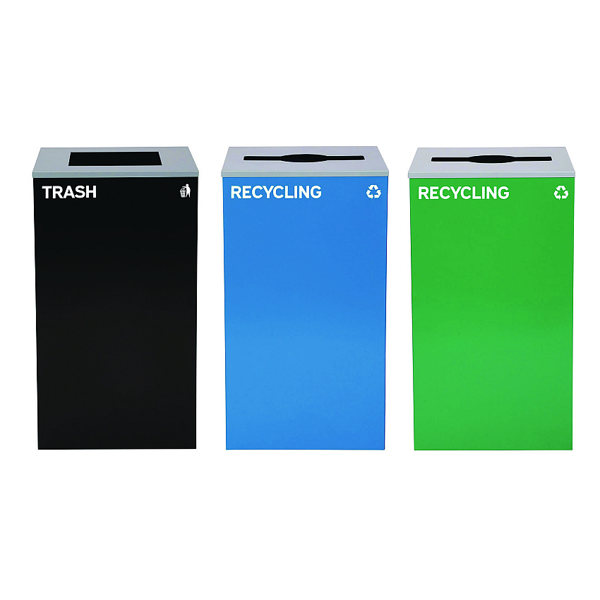 Alpine 29 Gallon Trash/Recycling Cans, Steel, Blue Recycling Can and Green Recycling Can w/Mixed Lids, Black Trash Can w/Square Lid (4450BLKKIT30)