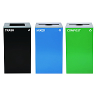 Alpine 29 Gallon Trash/Recycling Cans, Steel, Blue Mixed Recycling and Green Compost Cans w/Mixed Lids, Black Trash Can w/Square Lid (4450BLKKIT28)