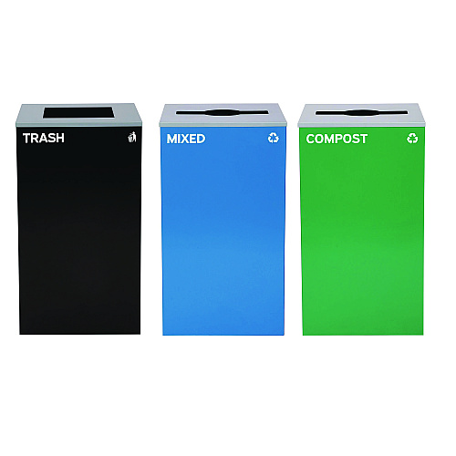 Alpine 29 Gallon Trash/Recycling Cans, Steel, Blue Mixed Recycling and Green Compost Cans w/Mixed Lids, Black Trash Can w/Square Lid (4450BLKKIT28)
