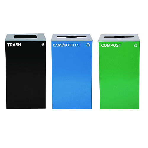 Alpine 29 Gallon Trash/Recycling Cans, Steel, Blue Cans/Bottles Recycling and Green Compost Can w/Mixed Lid, Black Trash Can Sq Lid (4450BLKKIT29)