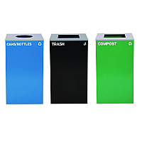 Alpine 29 Gallon Trash/Recycling Cans, Steel, Blue Cans/Bottles with Circle Lid, Green Compost and Black Trash Cans with Square Lids (4450BLKKIT34)