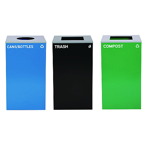 Alpine 29 Gallon Trash/Recycling Cans, Steel, Blue Cans/Bottles with Circle Lid, Green Compost and Black Trash Cans with Square Lids (4450BLKKIT34)