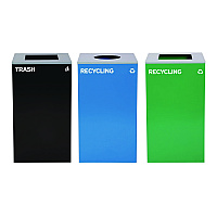 Alpine 29 Gallon Trash/Recycling Cans, Steel, Blue Recycling Can w/Circle Lid, Green Recycling Can and Black Trash Can w/Square Lids (4450BLKKIT35)