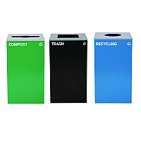 Alpine 29 Gallon Trash/Recycling Cans, Steel, Blue Recycling Can w/Circle Lid, Green Compost w/Mixed Lid, Black Trash w/Square Lid (4450BLKKIT36)