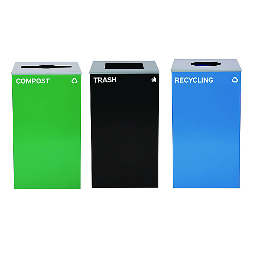 Alpine 29 Gallon Trash/Recycling Cans, Steel, Blue Recycling Can w/Circle Lid, Green Compost w/Mixed Lid, Black Trash w/Square Lid (4450BLKKIT36)