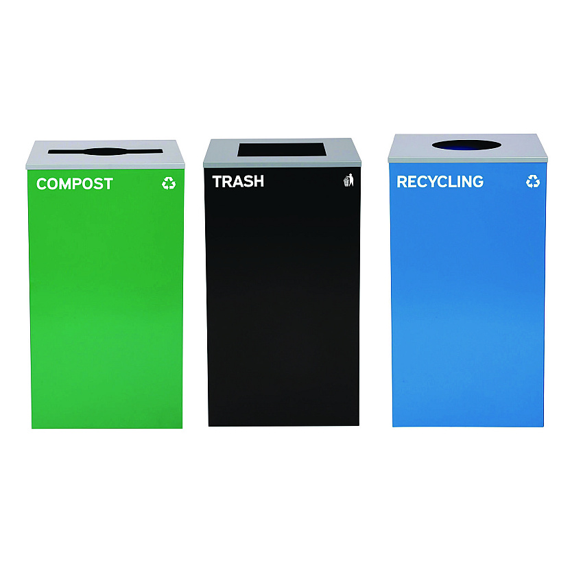 Alpine 29 Gallon Trash/Recycling Cans, Steel, Blue Recycling Can w/Circle Lid, Green Compost w/Mixed Lid, Black Trash w/Square Lid (4450BLKKIT36)