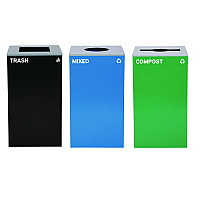 Alpine 29 Gallon Trash/Recycling Cans, Steel, Blue Mixed Recycling w/Circle Lid, Green Compost w/Mixed Lid, Black Trash w/Square Lid (4450BLKKIT37)