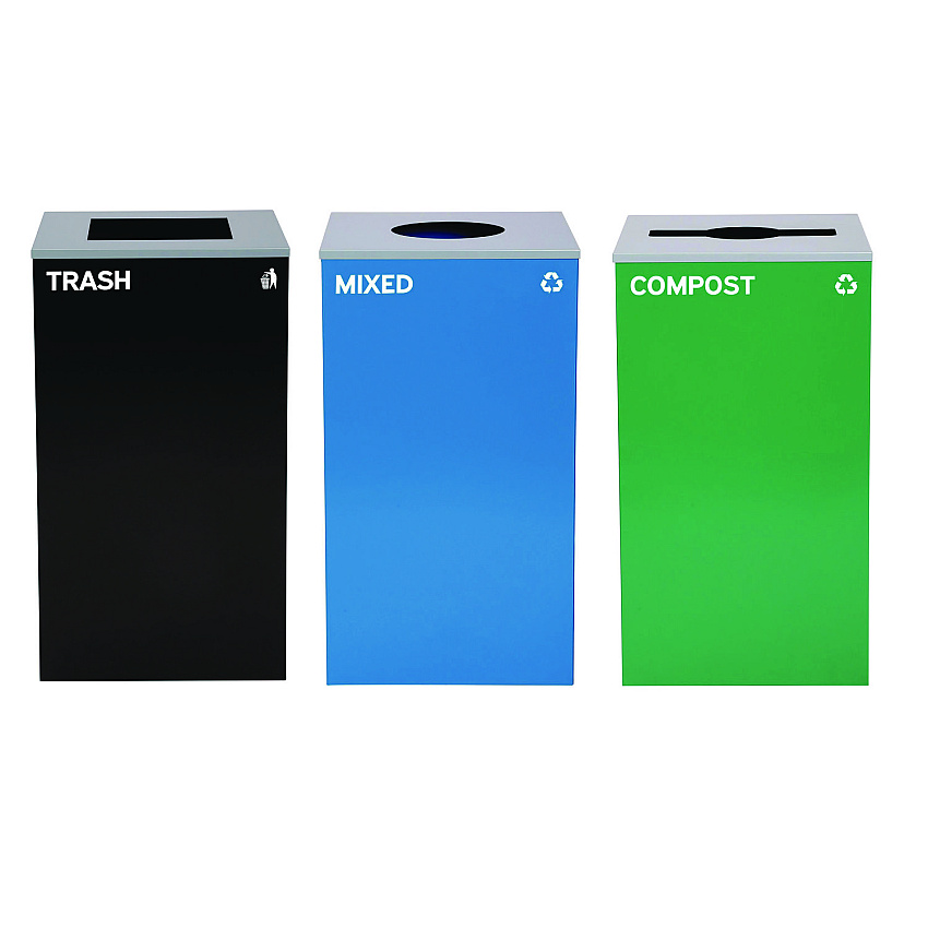 Alpine 29 Gallon Trash/Recycling Cans, Steel, Blue Mixed Recycling w/Circle Lid, Green Compost w/Mixed Lid, Black Trash w/Square Lid (4450BLKKIT37)
