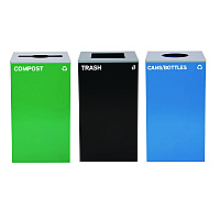 Alpine 29 Gallon Trash/Recycling Cans, Steel, Blue Cans/Bottles Recycling w/Circle Lid, Green Compost w/Mixed Lid, BK Trash w/Sq Lid (4450BLKKIT38)