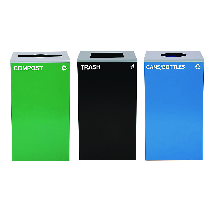 Alpine 29 Gallon Trash/Recycling Cans, Steel, Blue Cans/Bottles Recycling w/Circle Lid, Green Compost w/Mixed Lid, BK Trash w/Sq Lid (4450BLKKIT38)