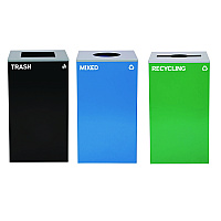Alpine 29 Gallon Trash/Recycling Cans, Steel, Blue Mixed Recycling w/Circle Lid, Green Recycling w/Mixed Lid, Black Trash w/Sq Lid (4450BLKKIT40)