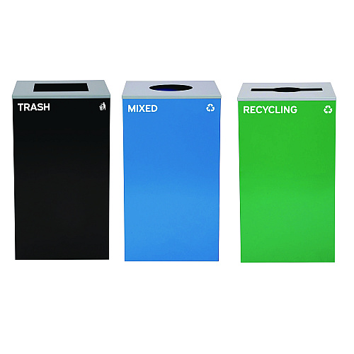 Alpine 29 Gallon Trash/Recycling Cans, Steel, Blue Mixed Recycling w/Circle Lid, Green Recycling w/Mixed Lid, Black Trash w/Sq Lid (4450BLKKIT40)