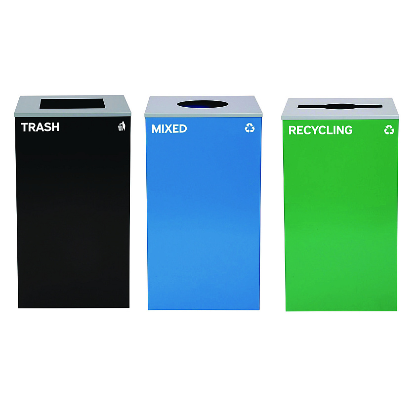 Alpine 29 Gallon Trash/Recycling Cans, Steel, Blue Mixed Recycling w/Circle Lid, Green Recycling w/Mixed Lid, Black Trash w/Sq Lid (4450BLKKIT40)