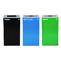 Alpine 29 Gallon Trash/Recycling Cans, Steel, Blue Recycling and Green Mixed Recycling Can w/Mixed Lids, Black Trash Can w/Sq Lid (4450BLKKIT31)