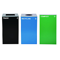 Alpine 29 Gallon Trash/Recycling Cans, Steel, Blue Recycling Can w/Circle Lid, Green Compost Can and Black Trash Can w/Square Lids (4450BLKKIT32)