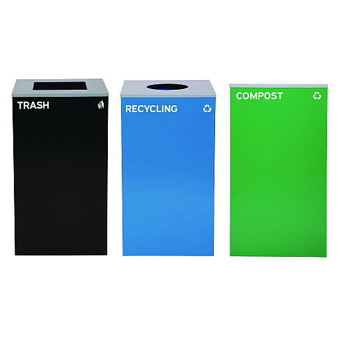 Alpine 29 Gallon Trash/Recycling Cans, Steel, Blue Recycling Can w/Circle Lid, Green Compost Can and Black Trash Can w/Square Lids (4450BLKKIT32)