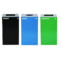 Alpine 29 Gallon Trash/Recycling Cans, Steel, Blue Mixed Recycling Can w/Circle Lid, Green Compost and Black Trash Cans w/Sq Lids (4450BLKKIT33)