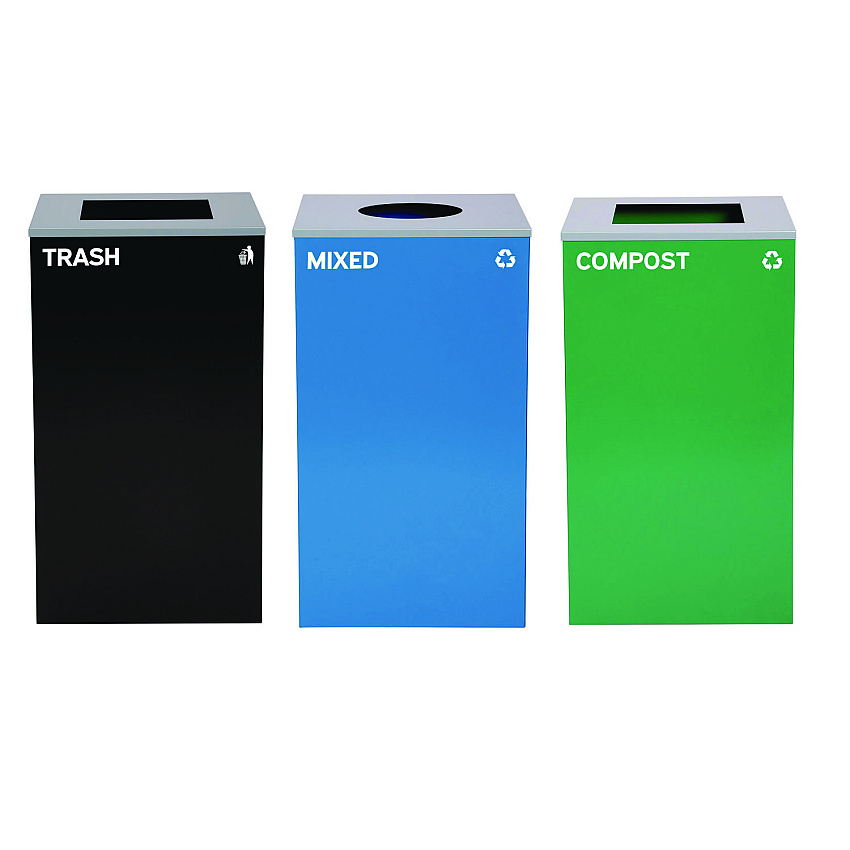 Alpine 29 Gallon Trash/Recycling Cans, Steel, Blue Mixed Recycling Can w/Circle Lid, Green Compost and Black Trash Cans w/Sq Lids (4450BLKKIT33)