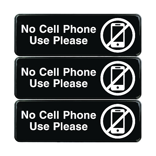 Excello Global Products No Cell Phone Use Please Indoor/Outdoor Wall Sign, 9 x 3, Black Face, White Graphics, 3/Pack (EGPHD0266S)