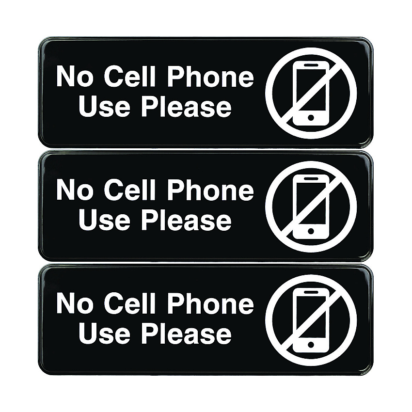 Excello Global Products No Cell Phone Use Please Indoor/Outdoor Wall Sign, 9 x 3, Black Face, White Graphics, 3/Pack (EGPHD0266S)