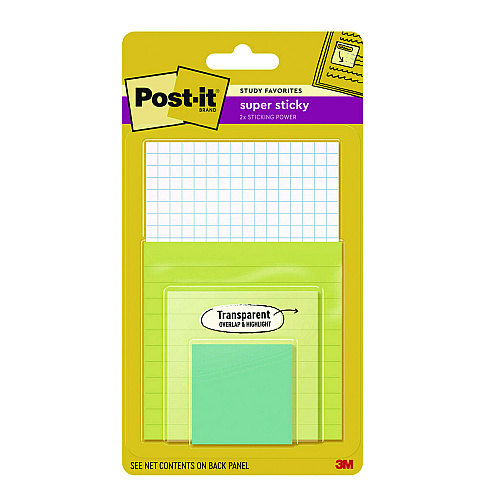 Post-it Pad Collection Assortment Pack with Transparent Notes, Assorted Colors/Ruling/Sizes, 4 Pads/Pack (4622SSGRIDTR)