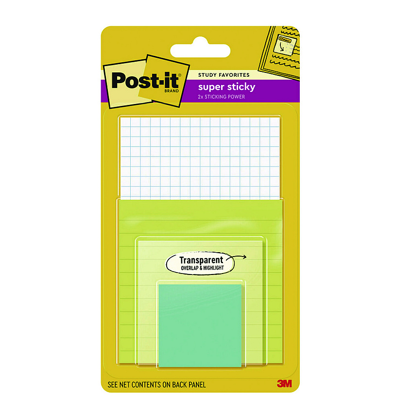 Post-it Pad Collection Assortment Pack with Transparent Notes, Assorted Colors/Ruling/Sizes, 4 Pads/Pack (4622SSGRIDTR)