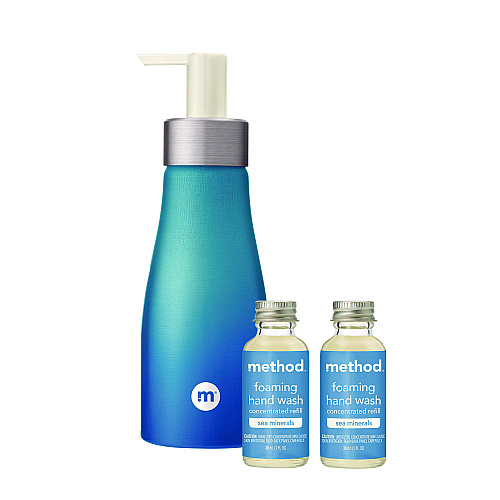 Method Refill + Reuse Foaming Hand Soap Refill Kit, Sea Minerals, (2) 1 oz Refill Bottles, 10 oz Dispenser Bottle (356001)