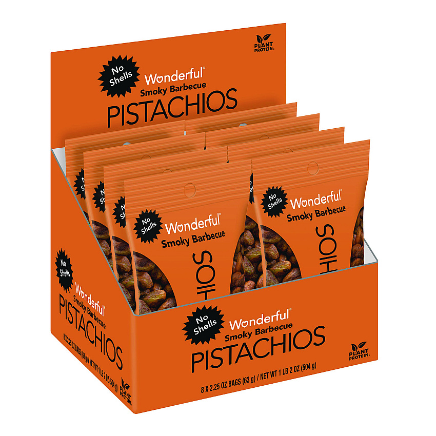 Wonderful No Shells Smoky Barbecue Pistachios, 2.25 oz Pack, 8/Box (PAR70031)