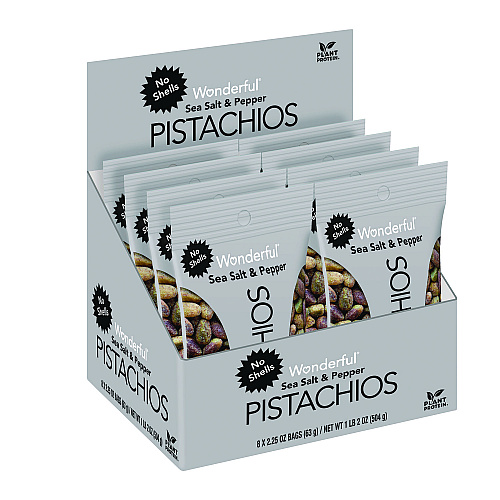 Wonderful No Shells Sea Salt and Pepper Pistachios, 2.25 oz Pack, 8/Box (PAR70144)