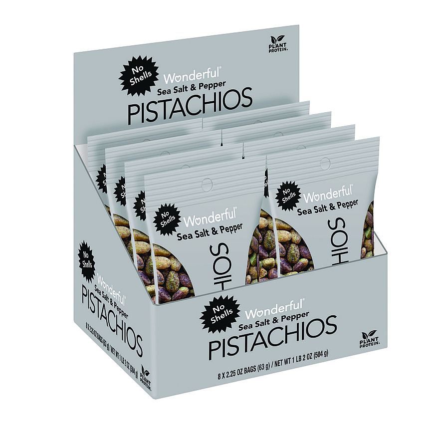 Wonderful No Shells Sea Salt and Pepper Pistachios, 2.25 oz Pack, 8/Box (PAR70144)