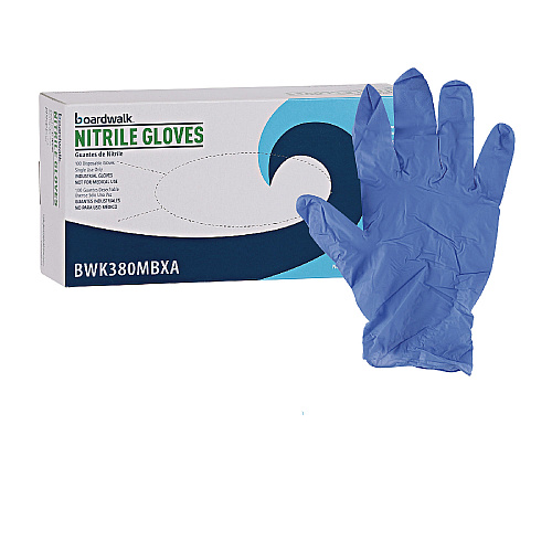 Boardwalk&reg; Disposable Nitrile Gloves, Medium, Blue, 4 mil, 100/BX (BWK380MBXA)